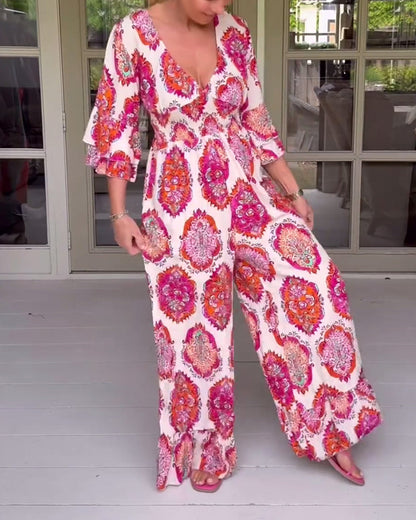 Printed deep V three-quarter sleeve wide leg jumpsuit jumpsuits & rompers spring summer