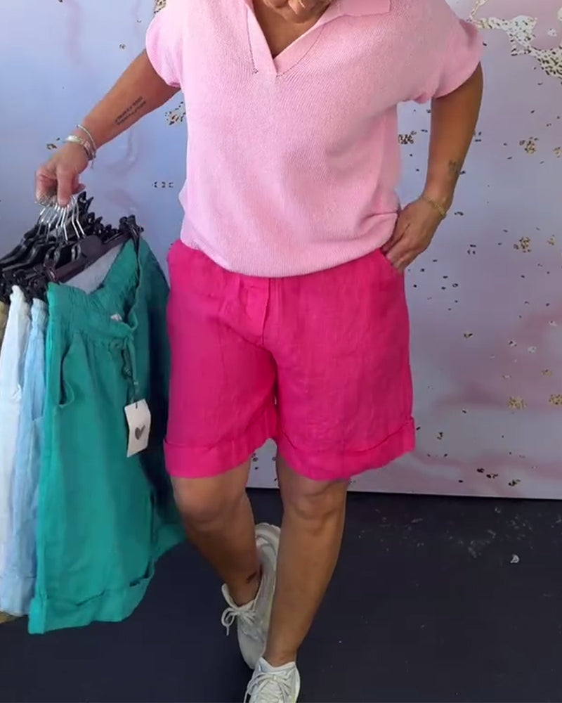 Einfarbige Freizeitshorts aus Baumwolle und Leinen