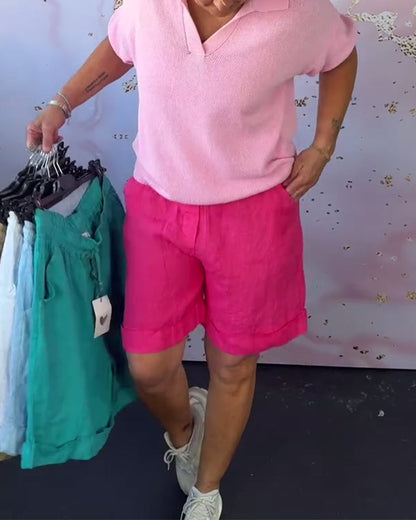 Einfarbige Freizeitshorts aus Baumwolle und Leinen