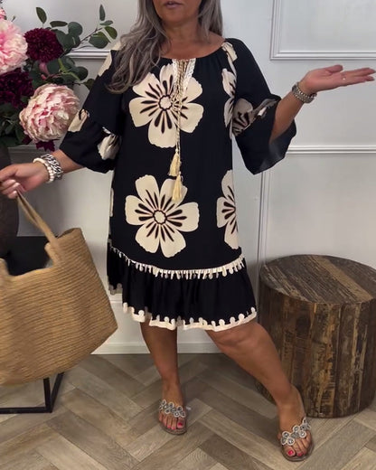 Oversize-Kleid mit Print und halblangen Ärmeln zum Binden