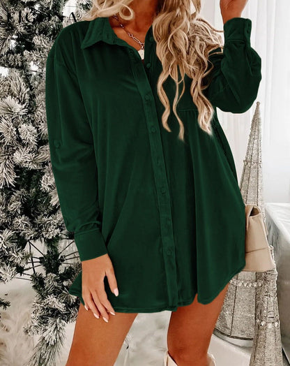 Blackish Green Velvet Button Front Shirt Long Sleeve Casual Mini Dress All In Stock Best Sellers casual dresses clothes Color Green Day Christmas dress dresses EDM Monthly Recomend Fabric Velvet Hot picks long sleeve dresses long sleve dresses Print Solid Color Season Fall & Autumn short dresses Style Southern Belle