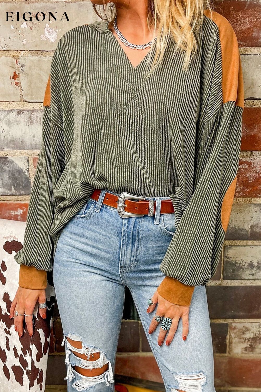 Laurel Green Contrast Patchwork V Neck Corded Top Laurel Green 75%Polyester+20%Viscose+5%Elastane clothes Color Green Fabric Ribbed long sleeve shirt long sleeve shirts Occasion Daily Print Color Block Season Winter shirt shirts short sleeve shirt Style Western