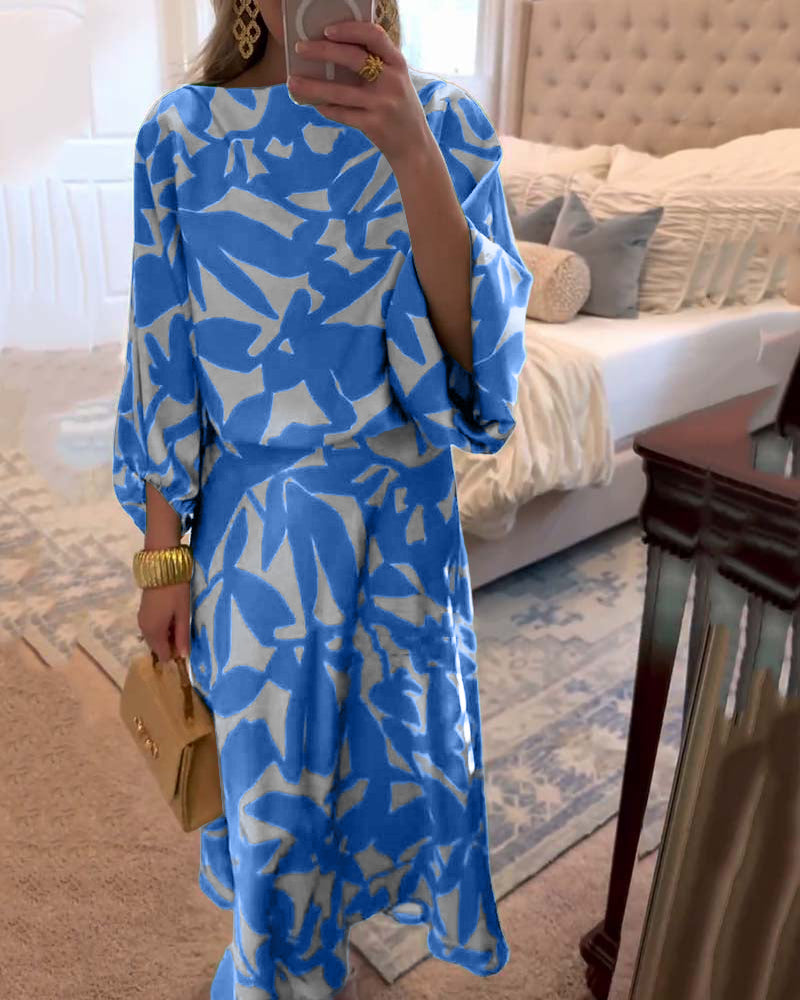 Temperamentvolles, bedrucktes Freizeitkleid-Set mit Laternenärmeln