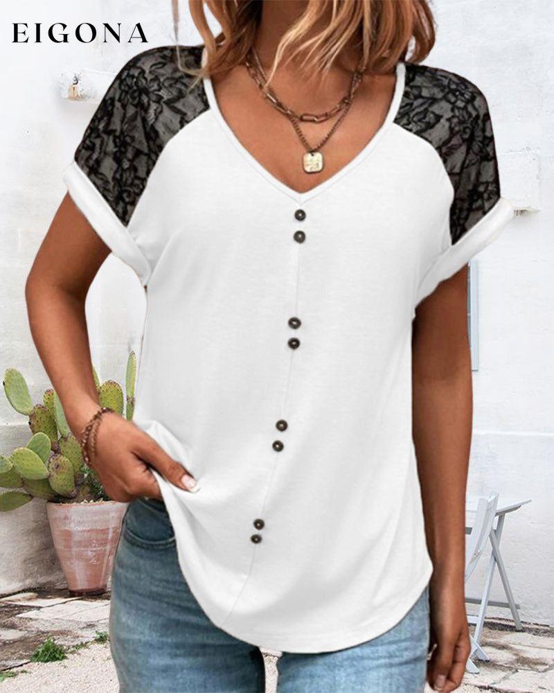 V-neck Lace Color Block T-shirt 23BF clothes Short Sleeve Tops Summer T-shirts Tops/Blouses