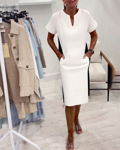 Short-Sleeved Contrast Color Straight Dress