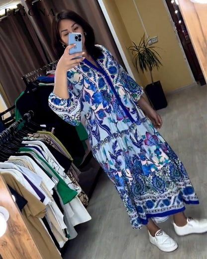 Printed 3/4 sleeve v-neck fashion dress 23BF Casual Dresses Clothes Dresses Spring Summer