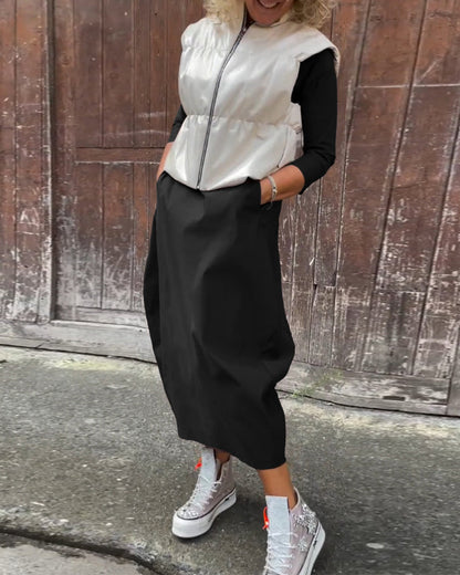 Simple solid color pocket long sleeve elegant dress