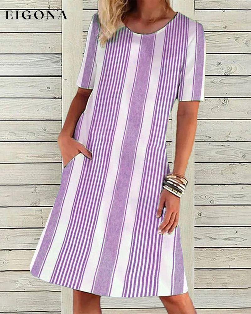 Striped round neck dress Purple 23BF Casual Dresses Clothes Dresses Spring Summer