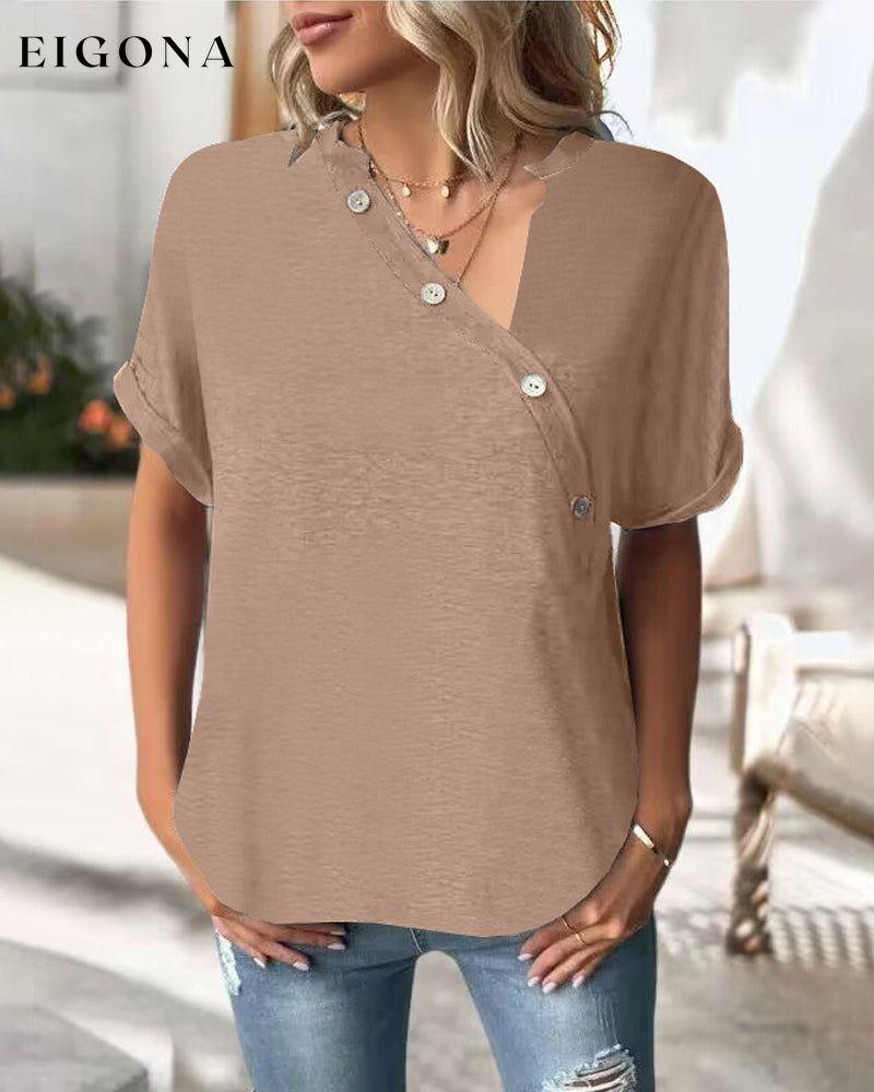 Solid Color Irregular Collar T-Shirt Khaki 23BF clothes Short Sleeve Tops Spring Summer T-shirts Tops/Blouses