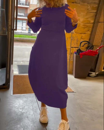 Abito con scollo tondo e maniche lunghe, tascabile, tinta unita