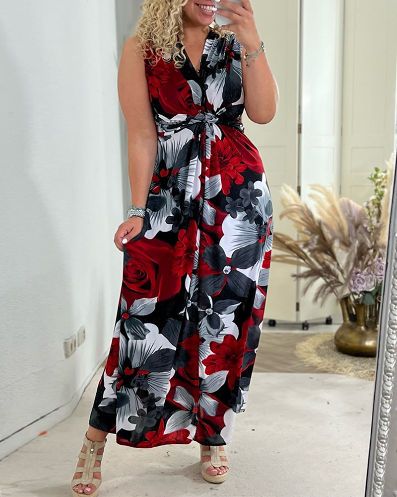 Vestido elegante plisado sin mangas con estampado floral