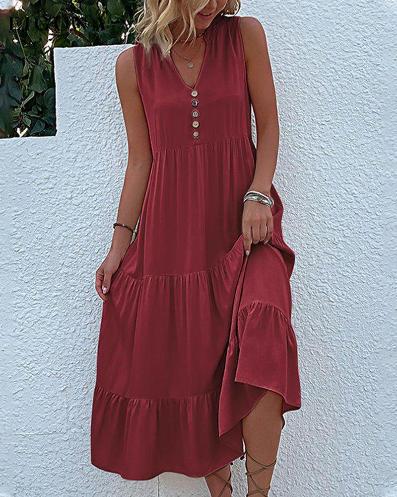 Solid color sleeveless casual dress Burgundy 23BF Casual Dresses Clothes Dresses Summer