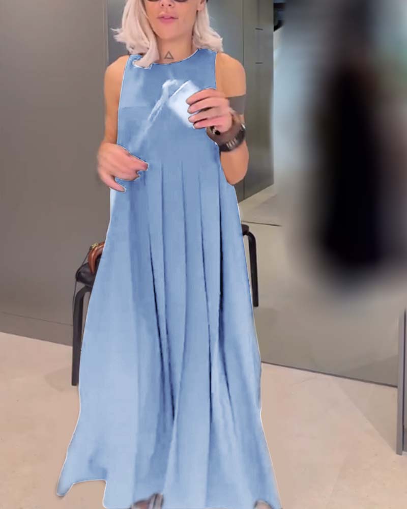 Elegante vestido regata plissado em cor sólida