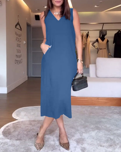 Lässiges, ärmelloses, einfarbiges, geteiltes Kleid mit V-Ausschnitt