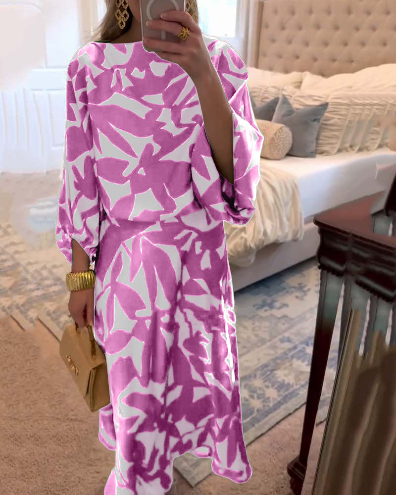 Temperamentvolles, bedrucktes Freizeitkleid-Set mit Laternenärmeln