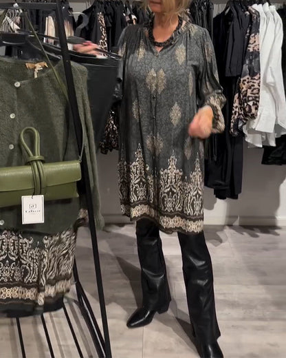 Lapel button-down vintage print dress