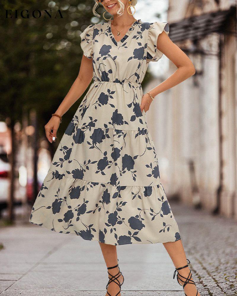 Floral print dress with ruffled sleeves Beige 23BF Casual Dresses Clothes Dresses Spring Summer