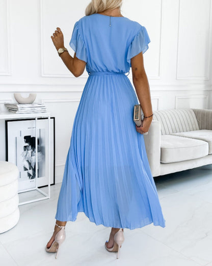 Solid color ruffled sleeves V-neck elegant dress casual dresses summer