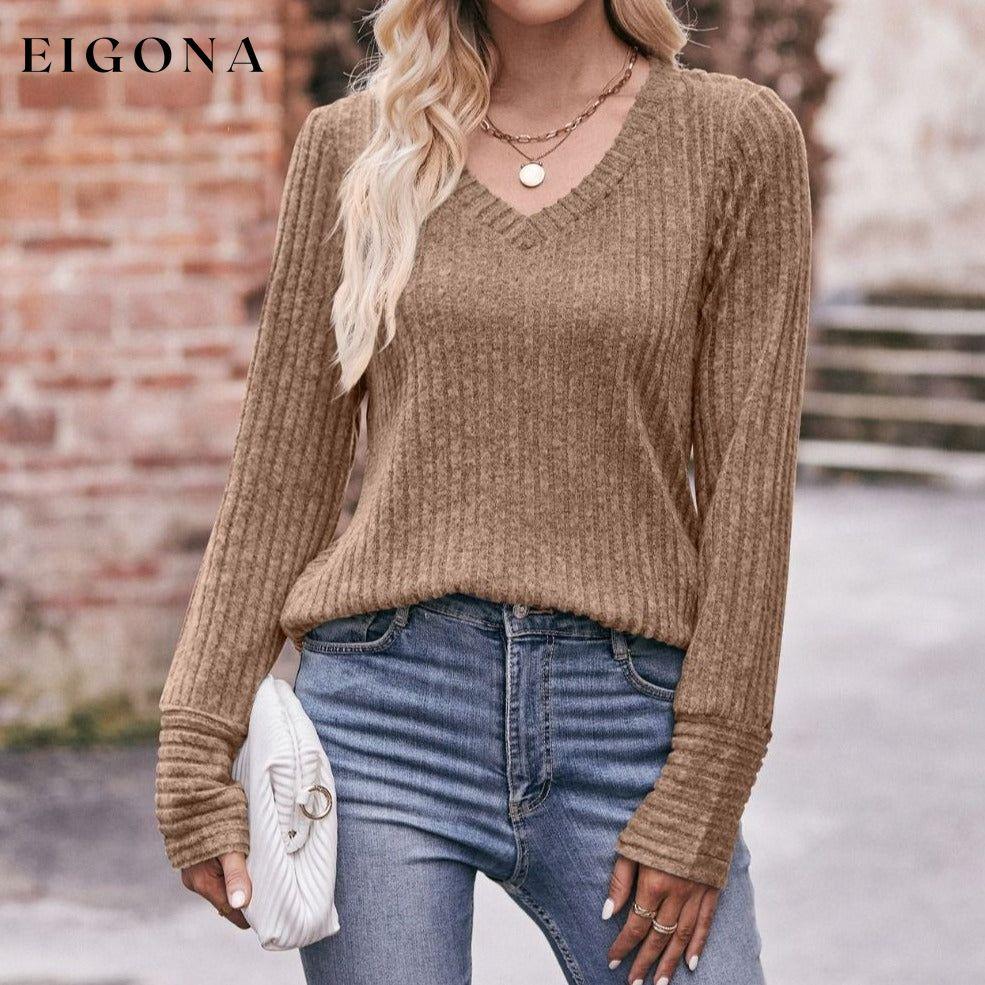 Double Take V-Neck Long Sleeve Ribbed Top Camel clothes Double Take long sleeve shirt long sleeve shirts long sleeve top long sleeve tops Ship From Overseas shirt shirts top tops