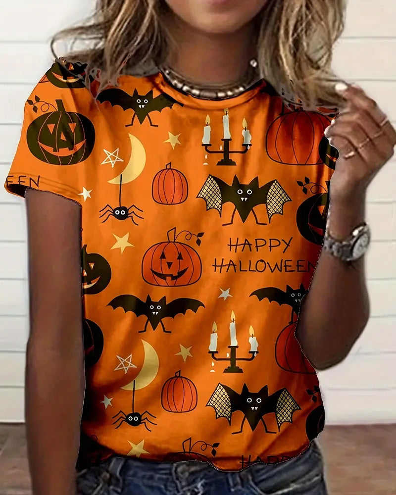 Womens Halloween Graphic Print Crew Neck Short Sleeve T-Shirt