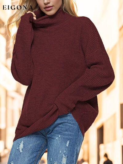Turtleneck Drop Shoulder Long Sleeve Sweater Wine clothes Ship From Overseas Sweater sweaters Sweatshirt Yh