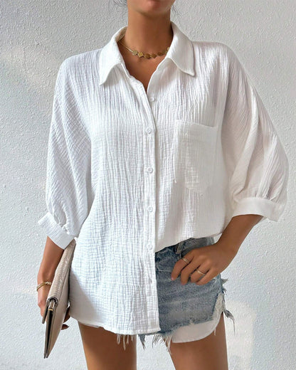 Einfarbiges Hemd mit Revers, Plissee und Laternenärmeln