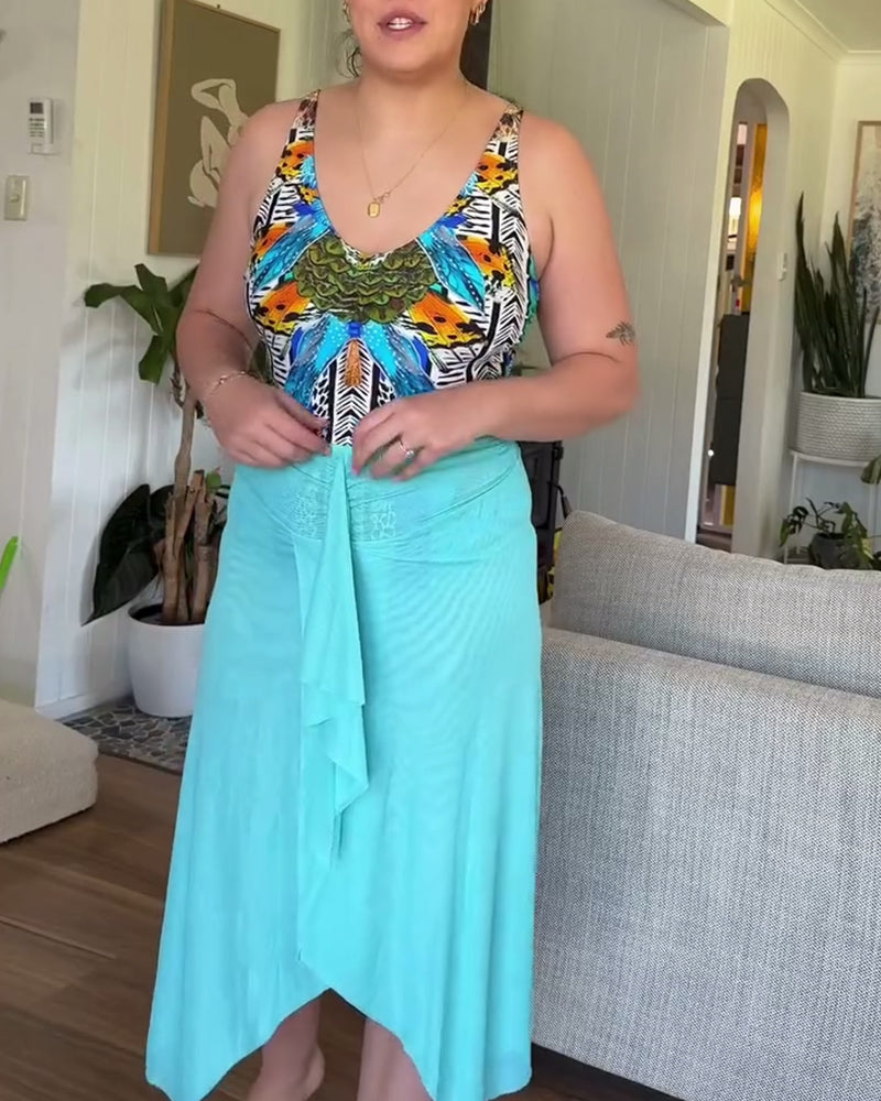 Costume da bagno intero con stampa e lacci sulle spalle da donna e set di pareo