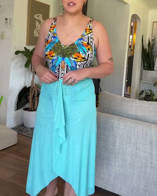 Women's Printed Shoulder-Tie One-Piece Swimsuit And Sarong Set