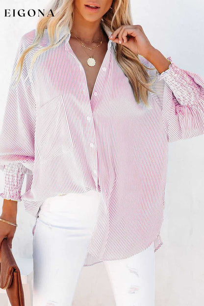 Pink Smocked Cuffed Striped Boyfriend Shirt with Pocket Pink 100%Polyester All In Stock button down womens clothes Color Pink Craft Smocked DL Exclusive Early Fall Collection long sleeve shirts long sleeve top Occasion Daily Print Stripe Season Spring Stripe tops Style Modern tops