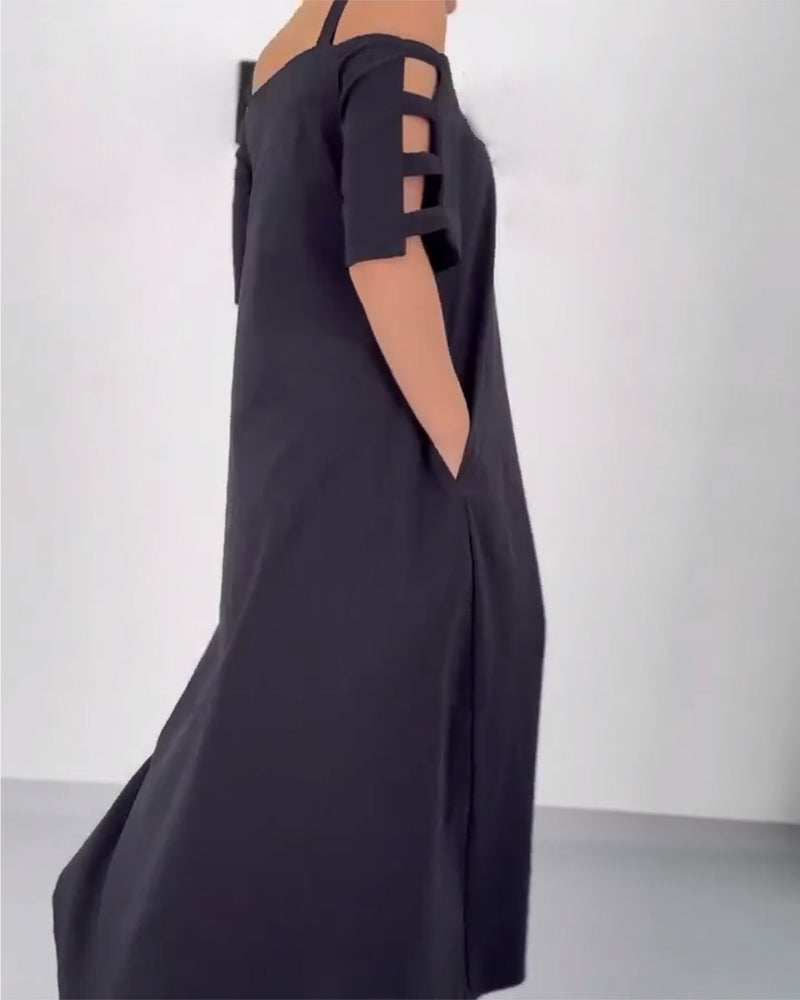 Lockeres Kleid mit schulterfreiem Kontrastdruck