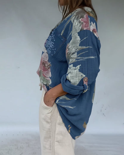 Open-Front Sequined Patchwork Printed Blouse