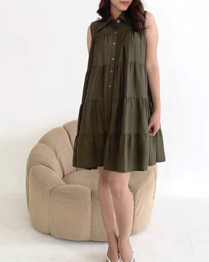 Lapel Sleeveless Button Down Pleated Dress