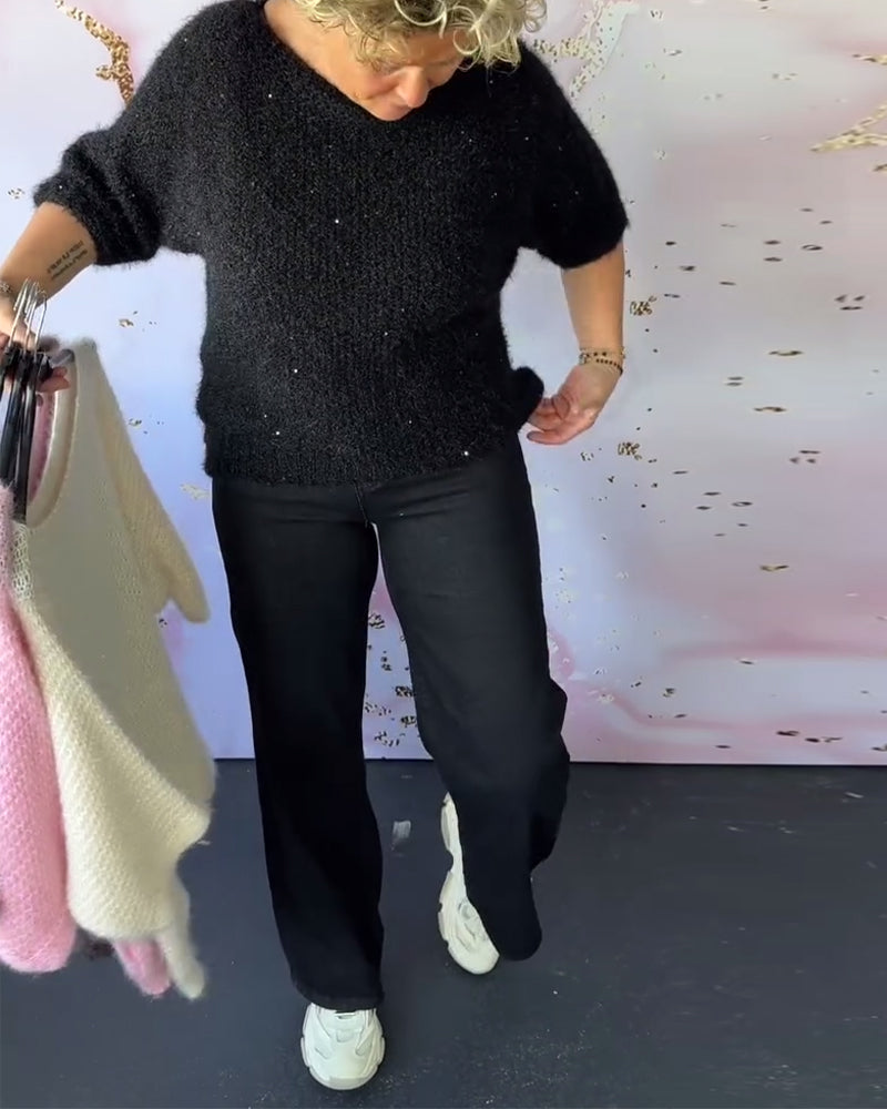 Half-Sleeved Round Neck Sequin Sweater