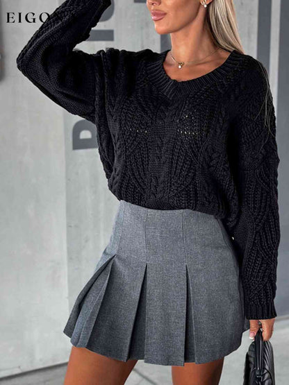V-Neck Cable-Knit Long Sleeve Sweater Black A@Y@M clothes Ship From Overseas