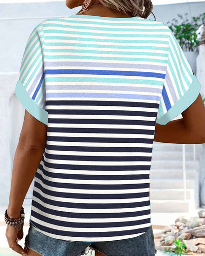 Gestreiftes Colorblock-Shirt mit V-Ausschnitt