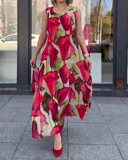 Ärmelloses, bedrucktes Kleid mit U-Ausschnitt