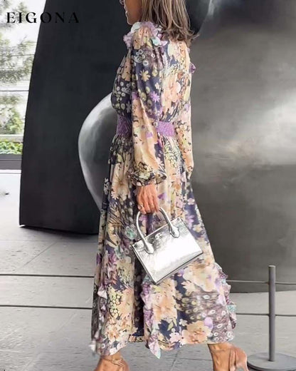 Elegant waisted V-neck floral long dress casual dresses spring summer