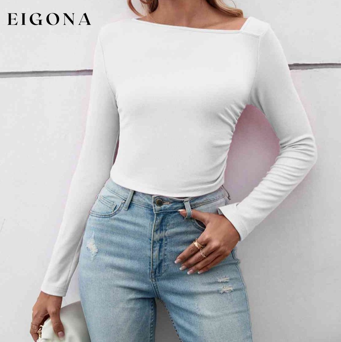 Asymmetrical Neck Long Sleeve Basic Casual Topl, Long Sleeve T-Shirt Light Gray clothes long sleeve shirts long sleeve top long sleeve tops Ship From Overseas shirt shirts top tops Y@Q@S