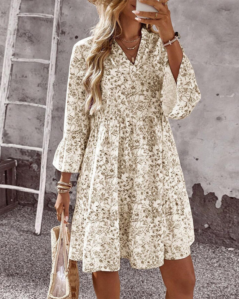 Stand-Collar Floral Print A-Line Dress