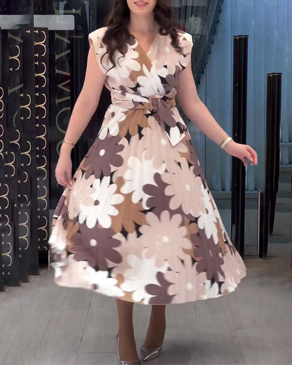 Elegant floral print V-neck pleated sleeveless dress