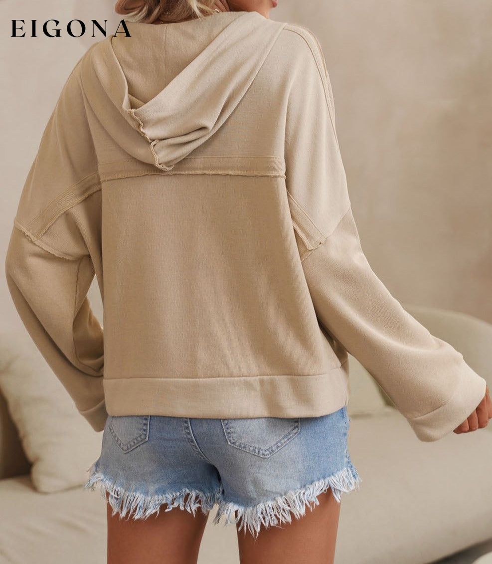 Casual Button Solid Patchwork Trim Hoodie All In Stock clothes Color Khaki Craft Patchwork long sleeve shirts long sleeve top Occasion Daily Print Solid Color Season Fall & Autumn Style Casual Sweater sweaters Sweatshirt