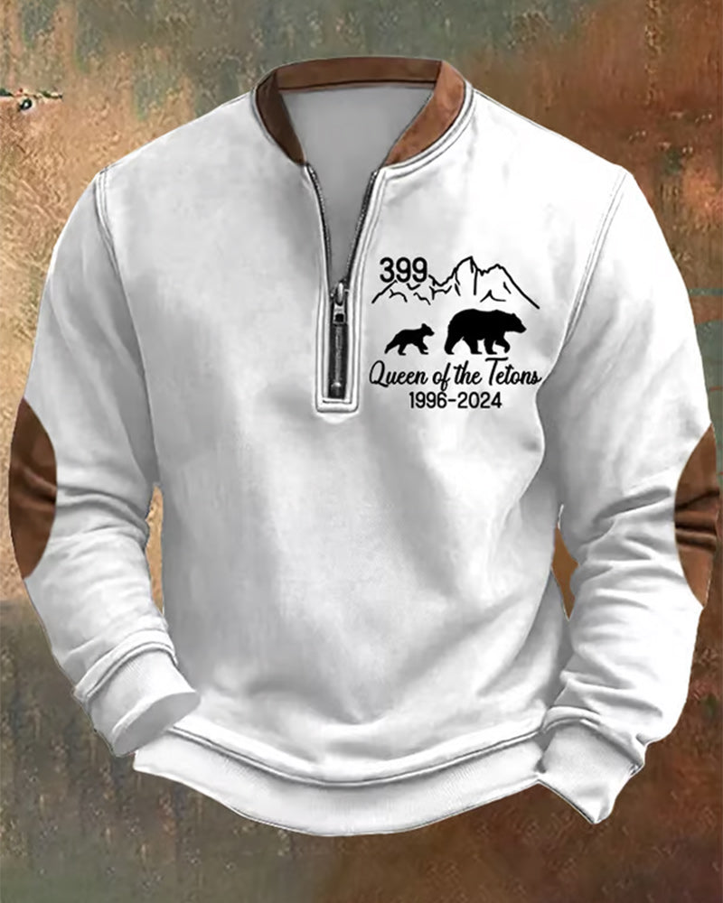 Men's Vintage Zipper Grizzly 399 The Queen Of The Tetons 1996-2024 Print Sweatshirt cute animals hoodies man