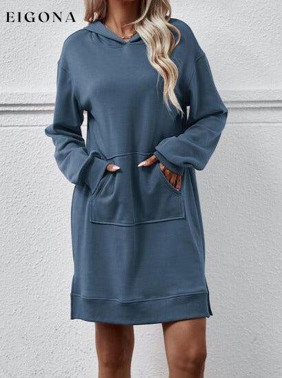 Slit Long Sleeve Hooded Dress with Pocket French Blue Changeable clothes Ship From Overseas