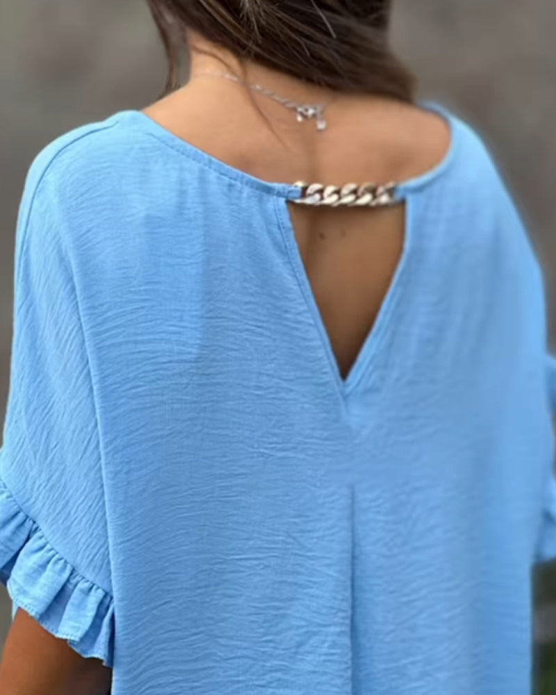 Short-Sleeved Crew Neck Textured Blouse