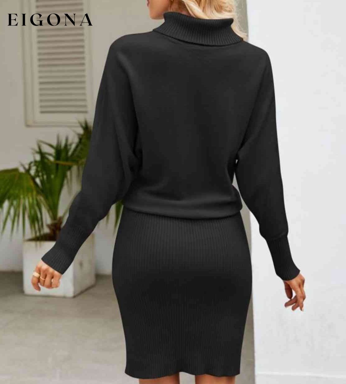 Turtle Neck Long Sleeve Ribbed Sweater Dress clothes Ship From Overseas Yh