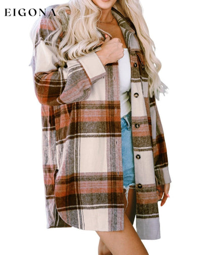 Brown Plaid Print Flap Pockets Long Shacket All In Stock Category Shacket clothes DL Exclusive DL Out West Fall To Winter Hot picks jacket Jackets & Coats Occasion Daily Print Plaid Season Winter Style Casual