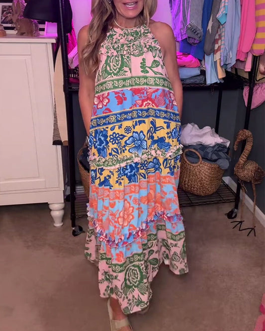 Lässiges, ärmelloses Bohemian-Kleid mit Print