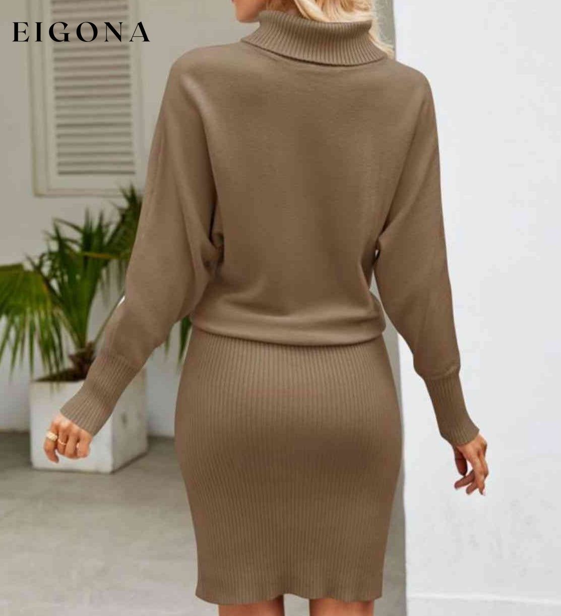 Turtle Neck Long Sleeve Ribbed Sweater Dress clothes Ship From Overseas Yh