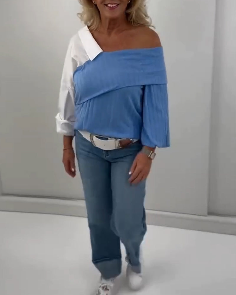 Schulterfreie Bluse mit unregelmäßiger Kontrastfarbe