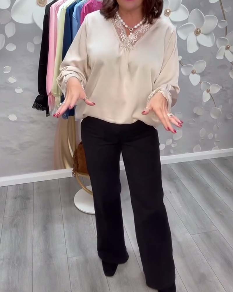 Fashion Lace V-Neck Long Sleeve Satin Blouse